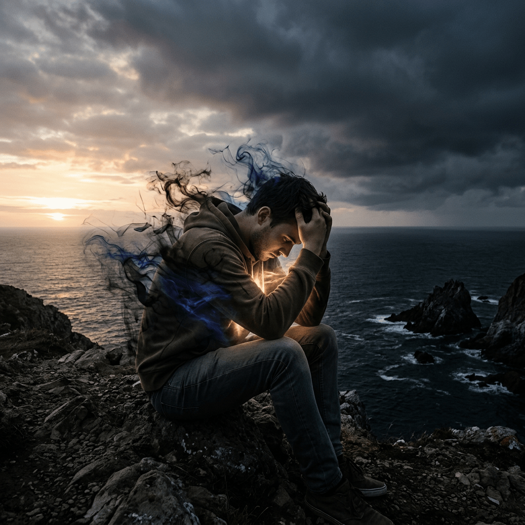 Man sitting on rocky cliff with hands on head, surrounded by dark smoke-like aura, overlooking ocean at sunset