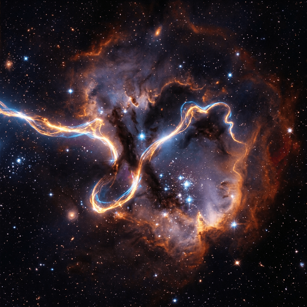 Glowing orange and blue gas filaments in a dark nebula with bright stars
