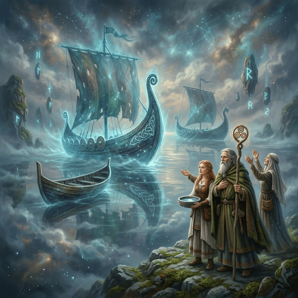 Viking longships with glowing sails on misty water and three ritualistic figures on shore