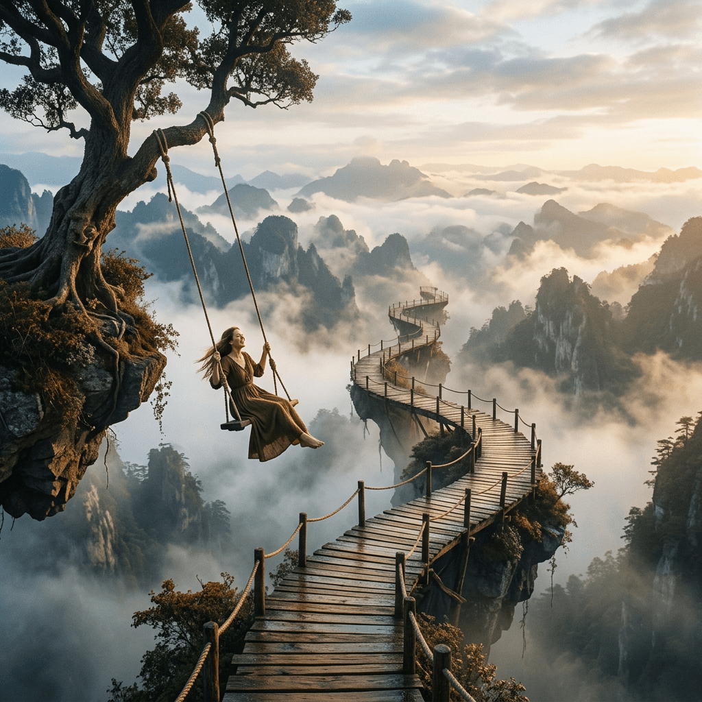 Woman swinging from tree next to winding mountain walkway above clouds