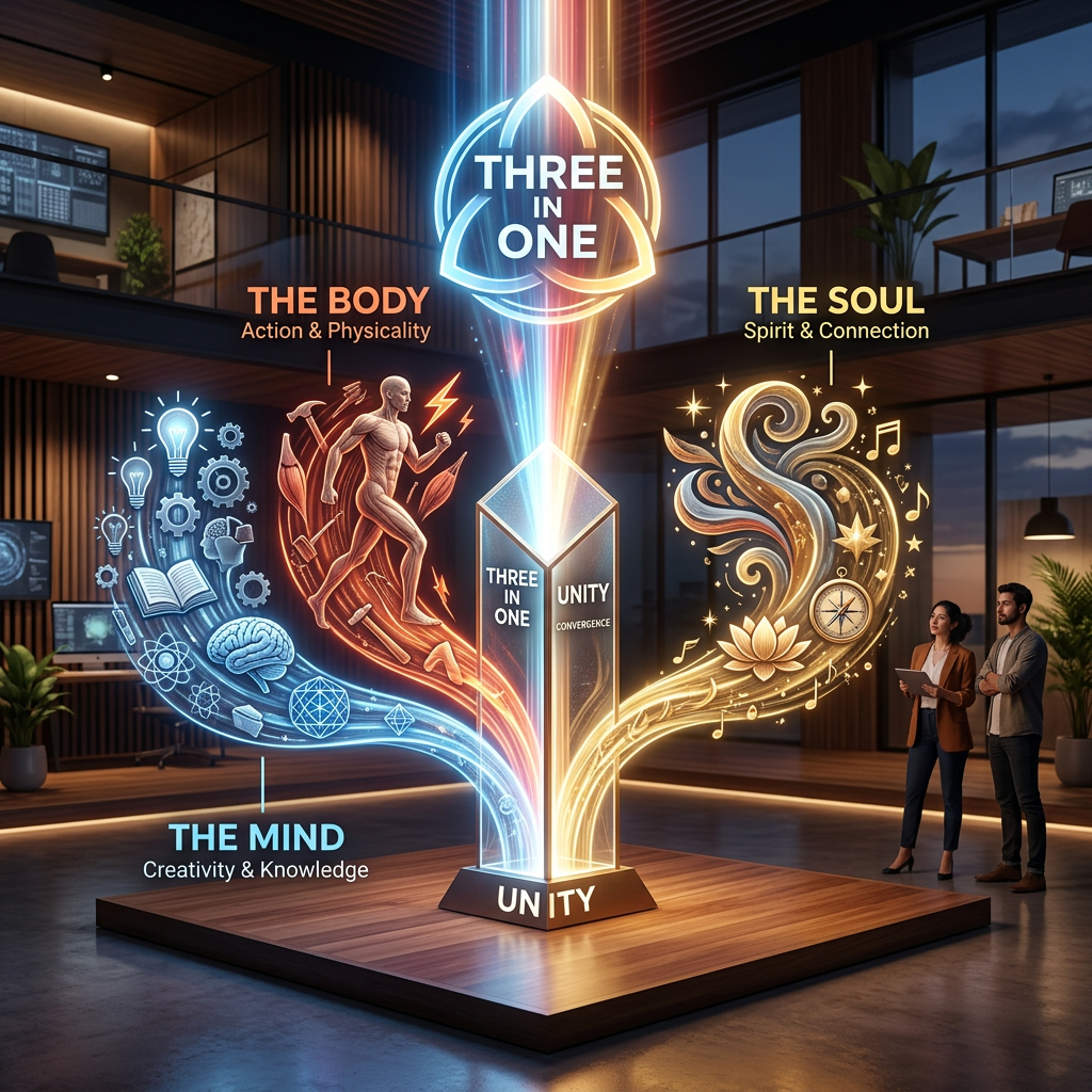 Visual representation of three converging streams symbolizing the body, mind, and soul leading to unity.