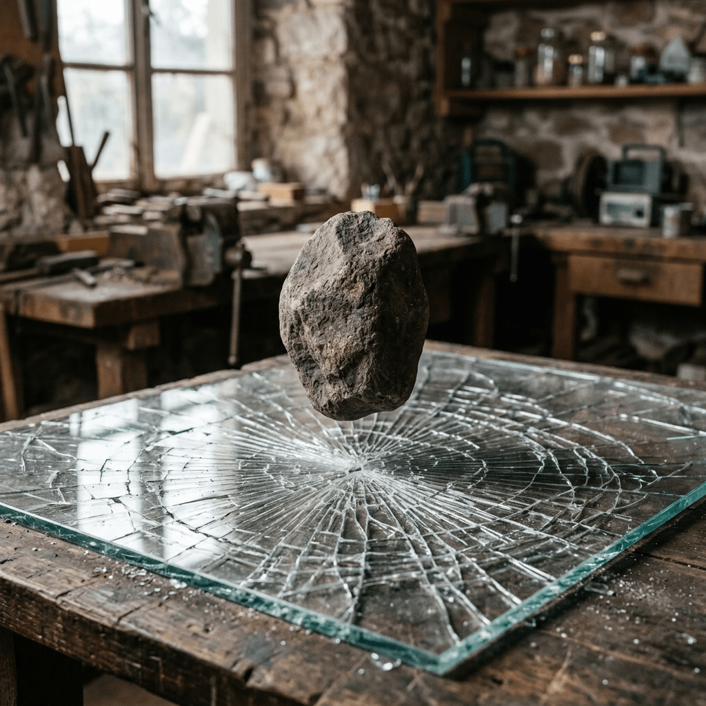 Rough rock levitating above a shattered glass sheet with spiderweb cracks on a wooden table.