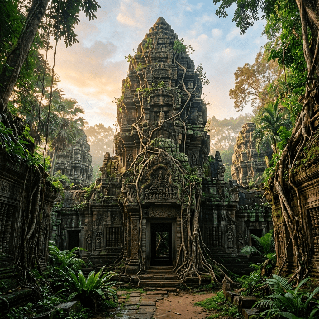 Old stone temple covered with tree roots and vines in a tropical forest at sunrise