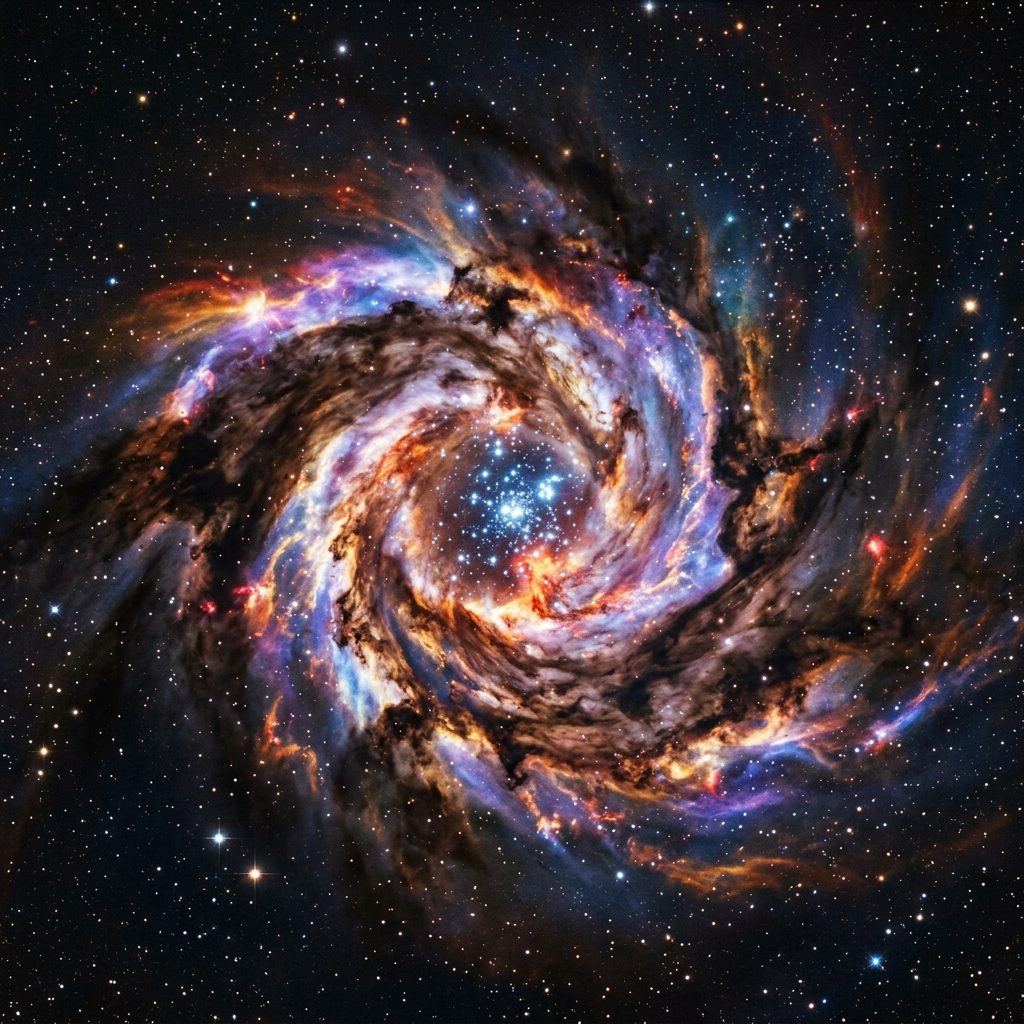 Spiral nebula with bright stars and colorful cosmic clouds.