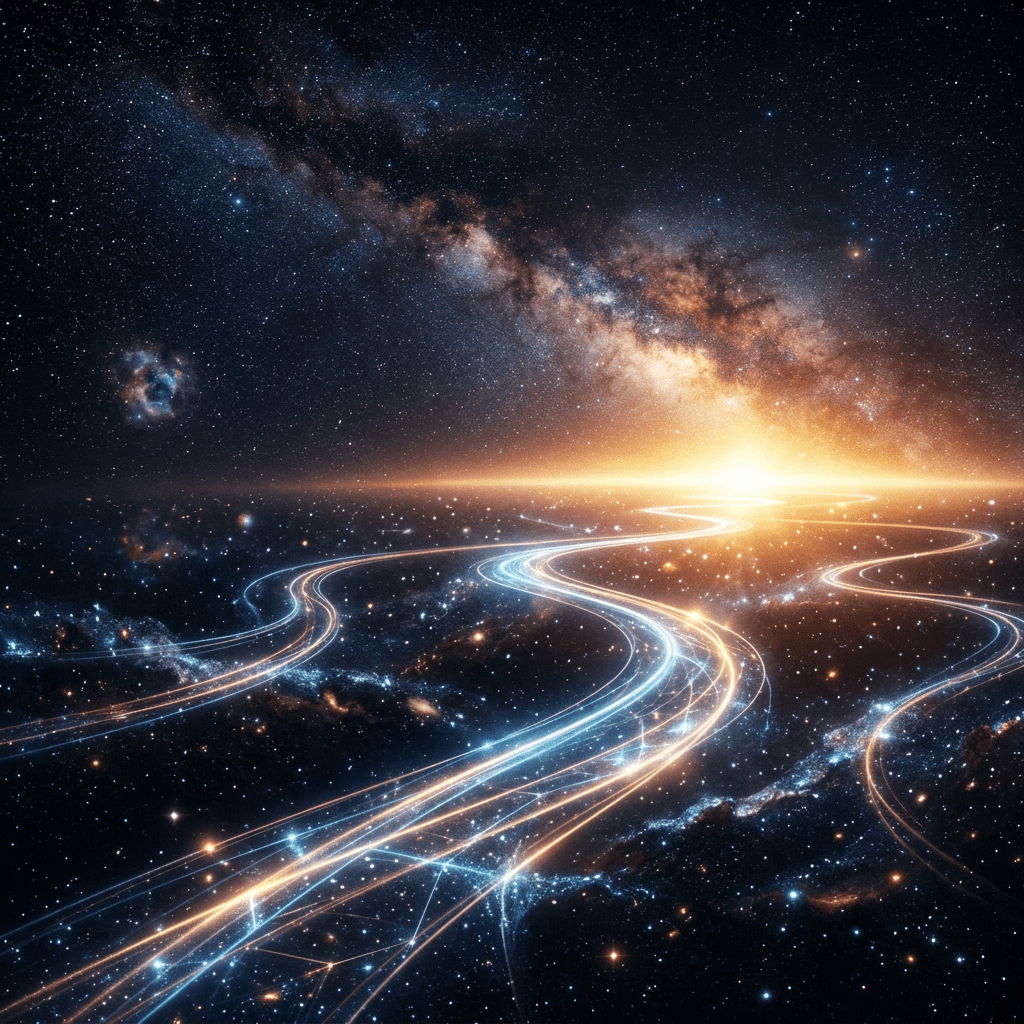 Glowing cosmic pathways converging toward a bright galactic horizon beneath a star-filled sky