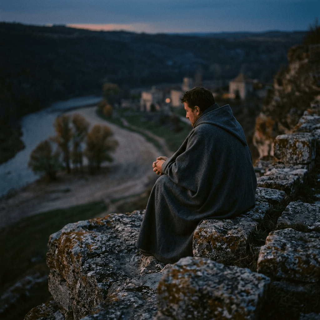 Person wrapped in a blanket sitting on rocky ruins overlooking a winding river and distant buildings at dusk