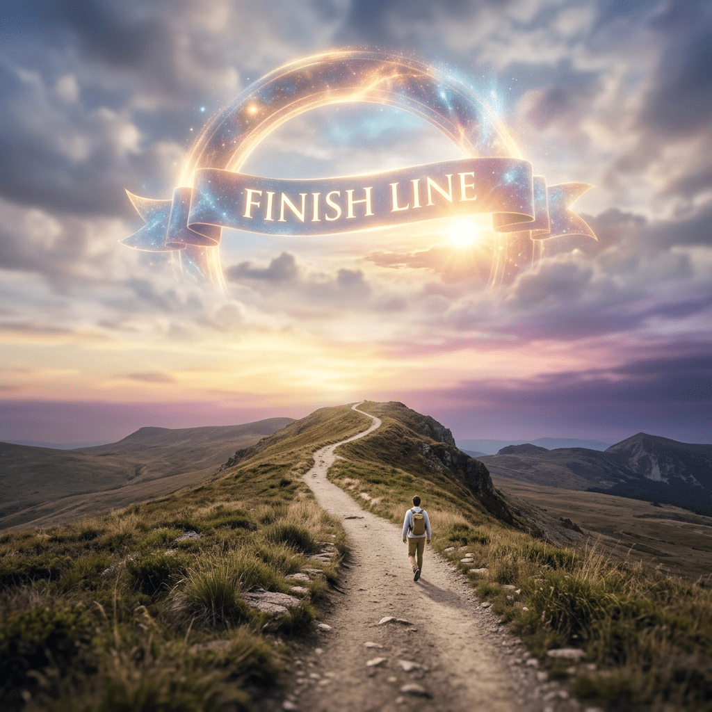 Person walking on mountain trail toward illuminated 'FINISH LINE' banner in sky