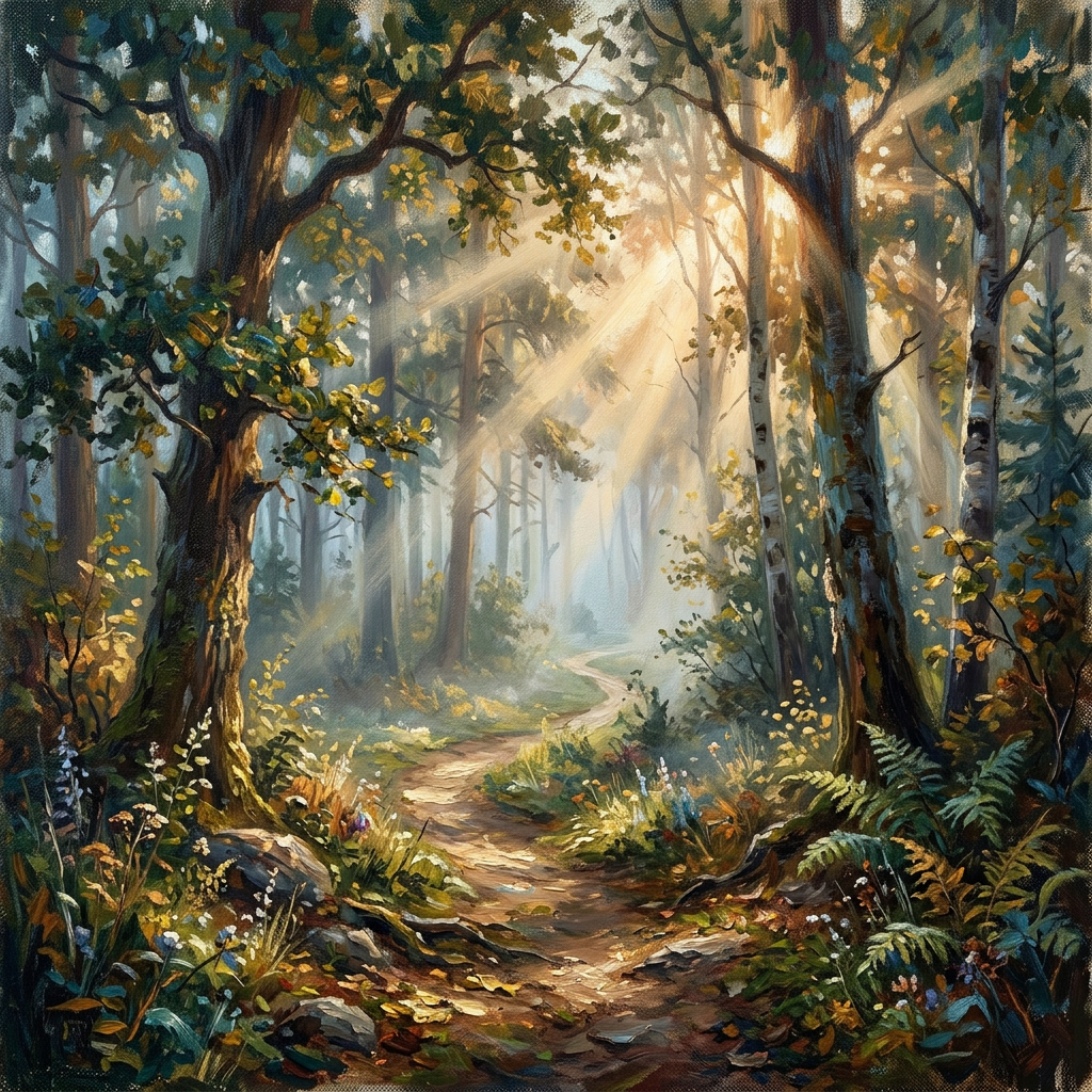 Winding forest path illuminated by sunlight filtering through trees