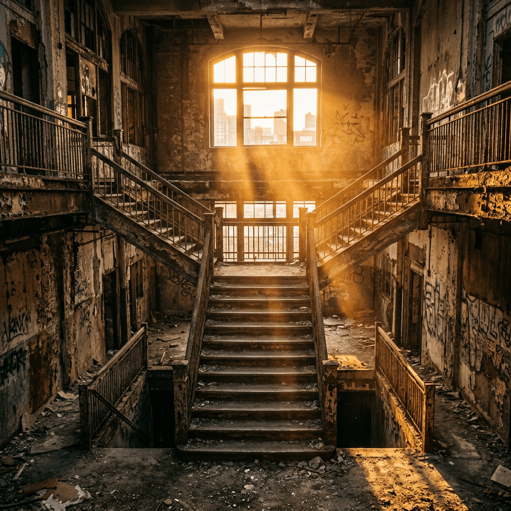 Old, decayed staircase in an abandoned building with sunlight streaming through a large window