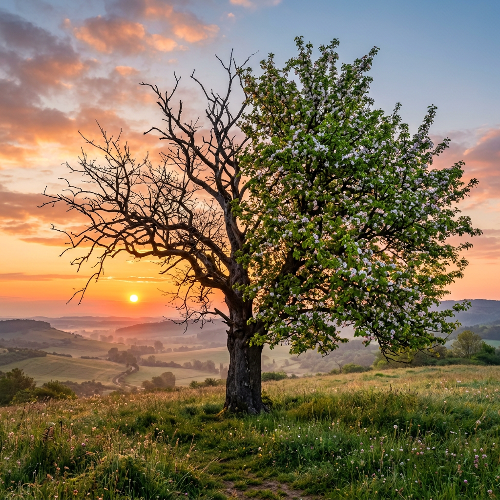 Tree with one side blooming flowers and the other side bare branches at sunrise