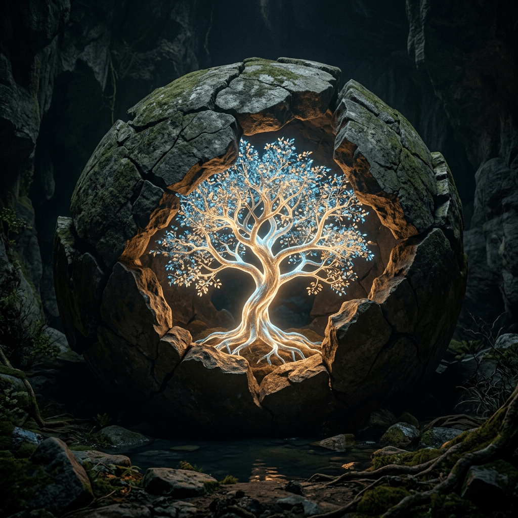 Luminous glowing tree with blue and gold lights inside a cracked mossy rock sphere in a dark cave