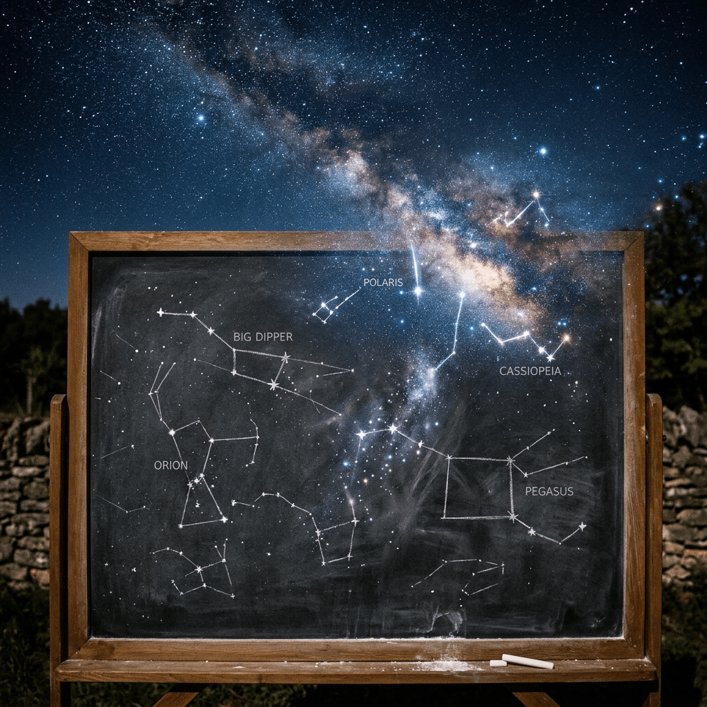 Chalkboard with outlines and names of constellations under a starry night sky