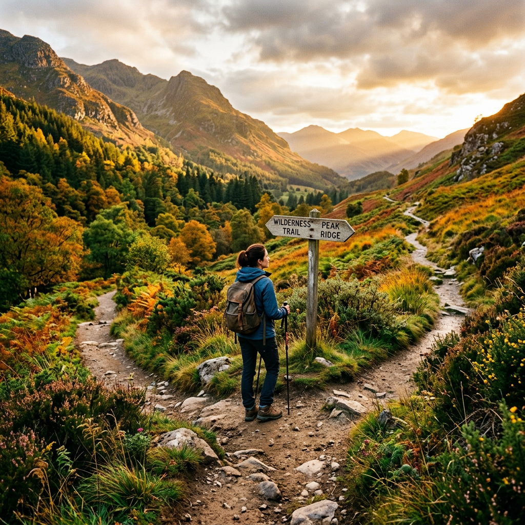Hiker looking at wooden trail signpost at mountain path fork with sunlit autumn landscape