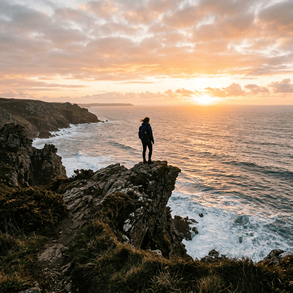 Person standing on rocky cliff at ocean edge during sunset