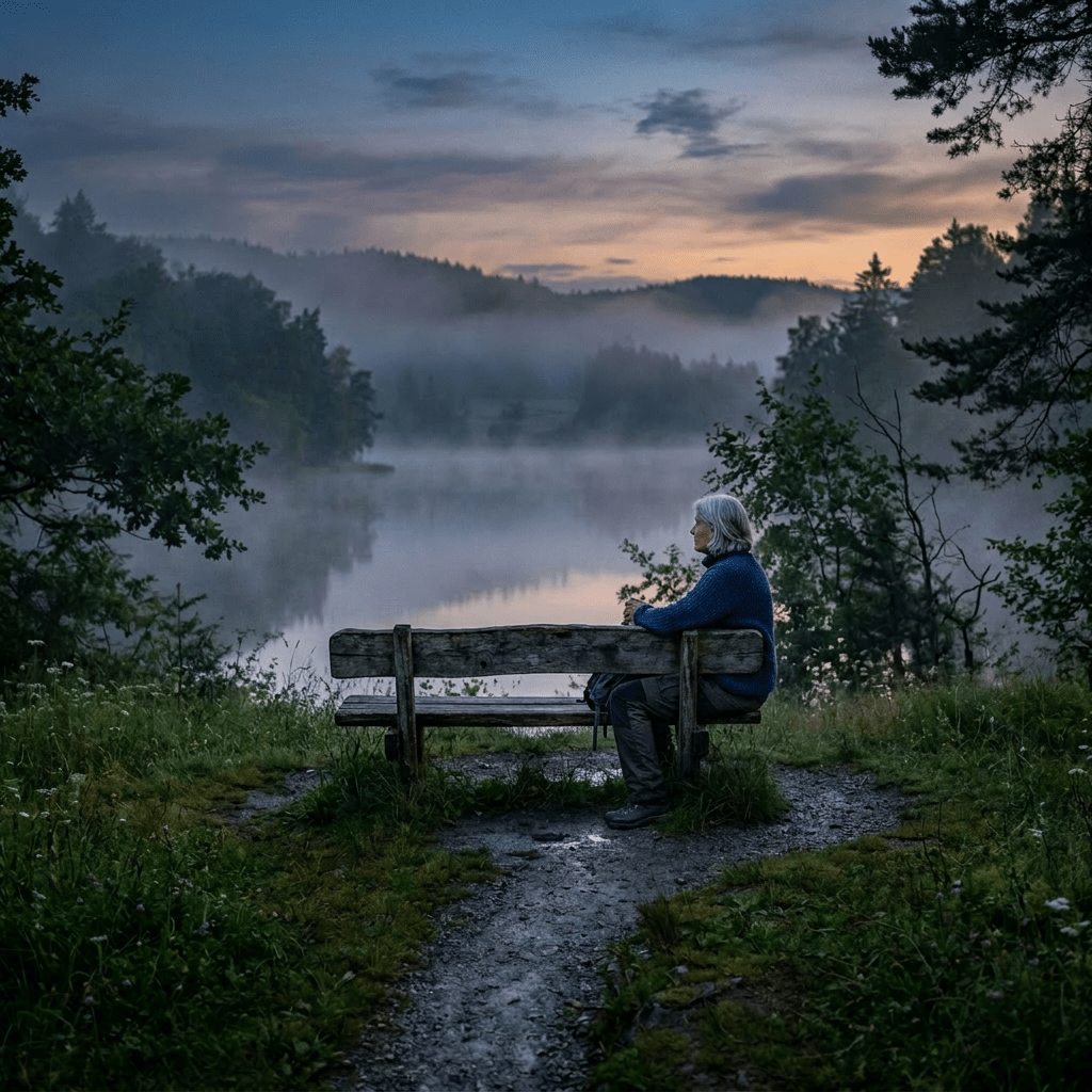 Wooden bench facing a fog-covered lake with surrounding trees at sunset