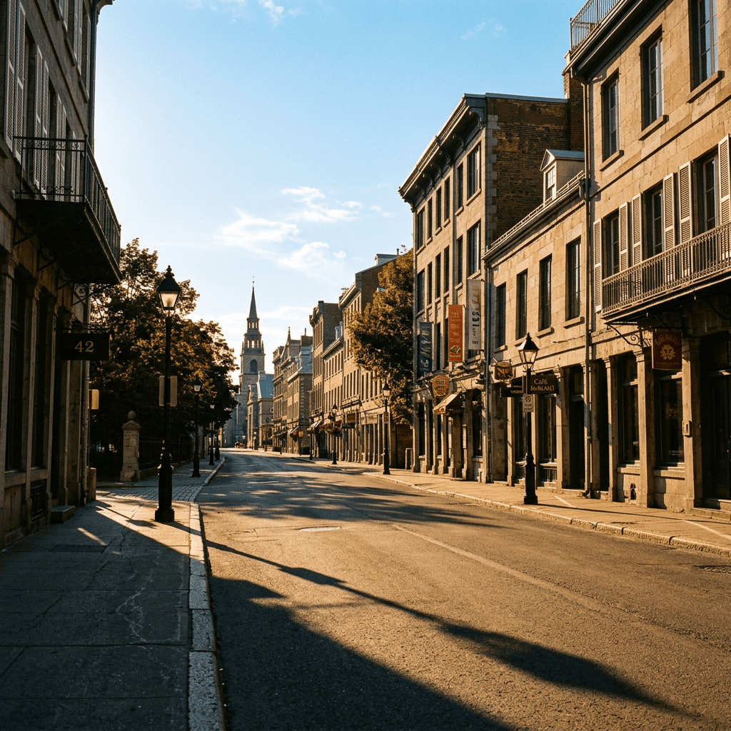 Empty street with old stone buildings and church steeple in the distance