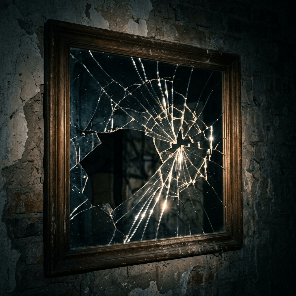Square mirror with extensive spiderweb cracks and broken glass