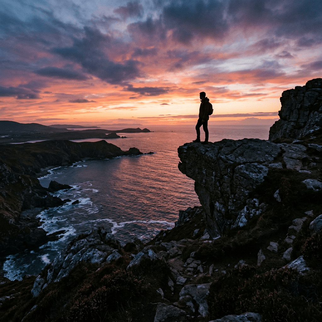 Silhouette of a person standing on cliff edge at sunset with ocean below