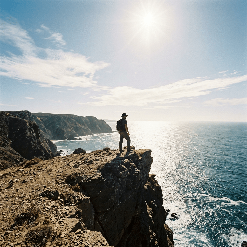 Hiker standing on rocky cliff edge overlooking ocean and coastline