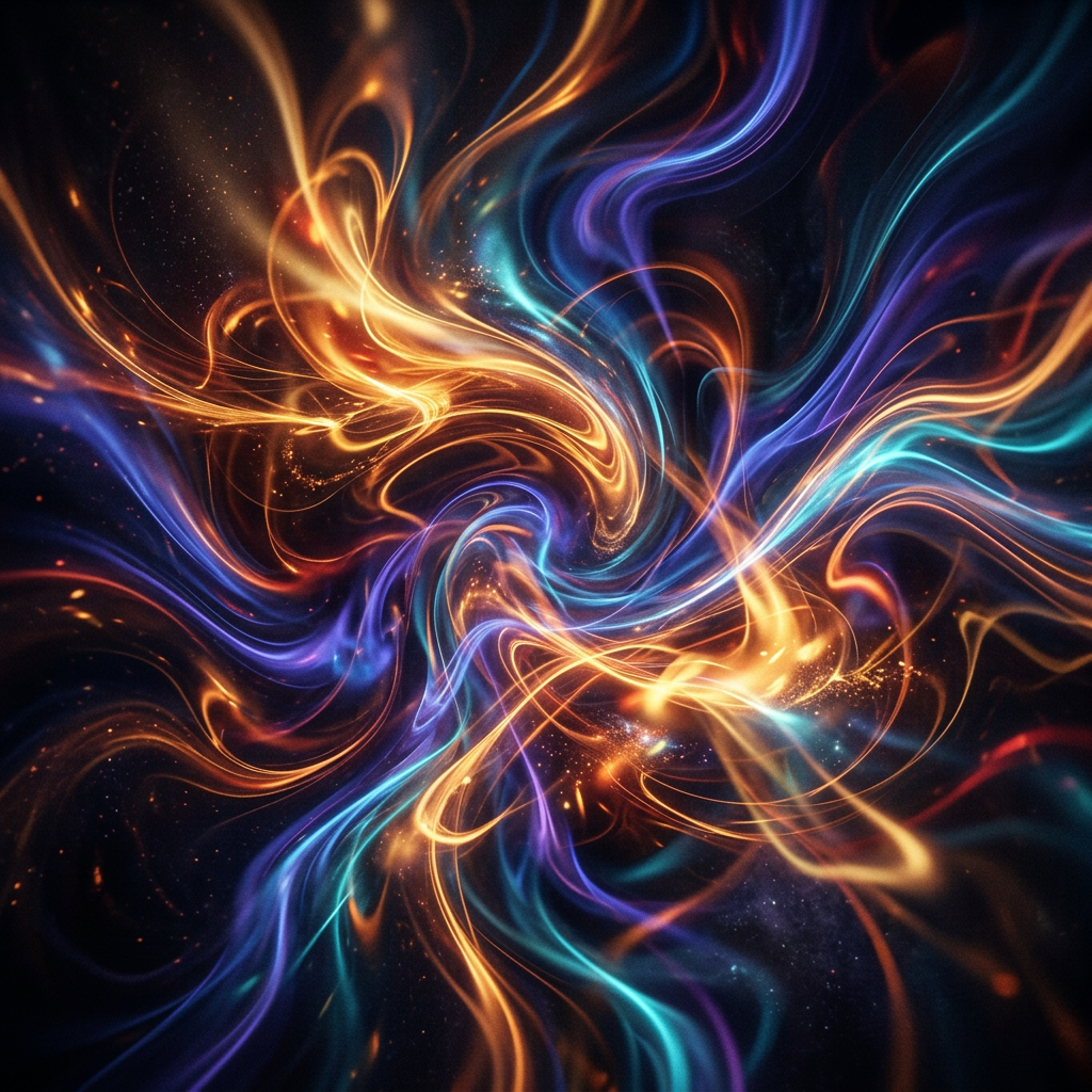 Swirling abstract light patterns in orange, blue, and purple on dark background