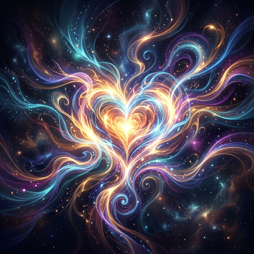 Glowing heart shape formed by swirling colorful light streams in space