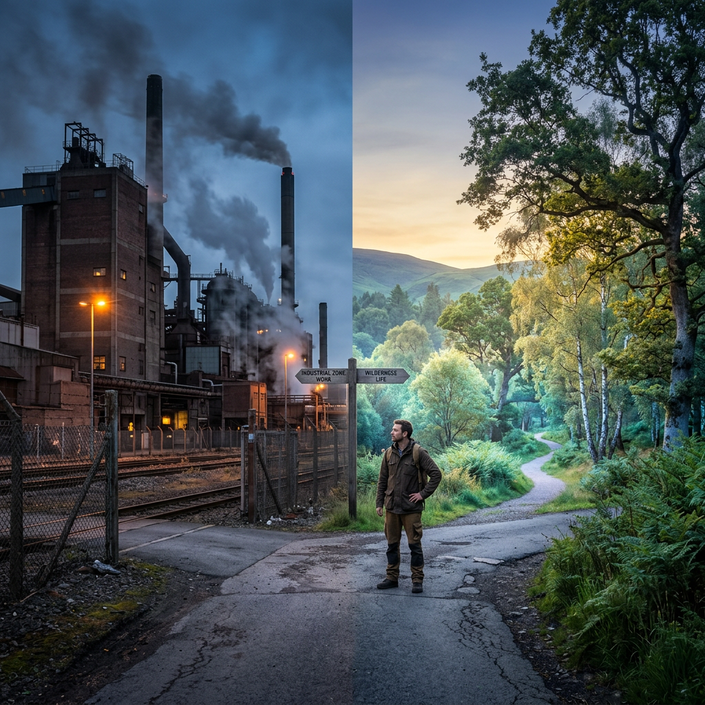 Man standing at crossroads with industrial zone on the left and forest path on the right