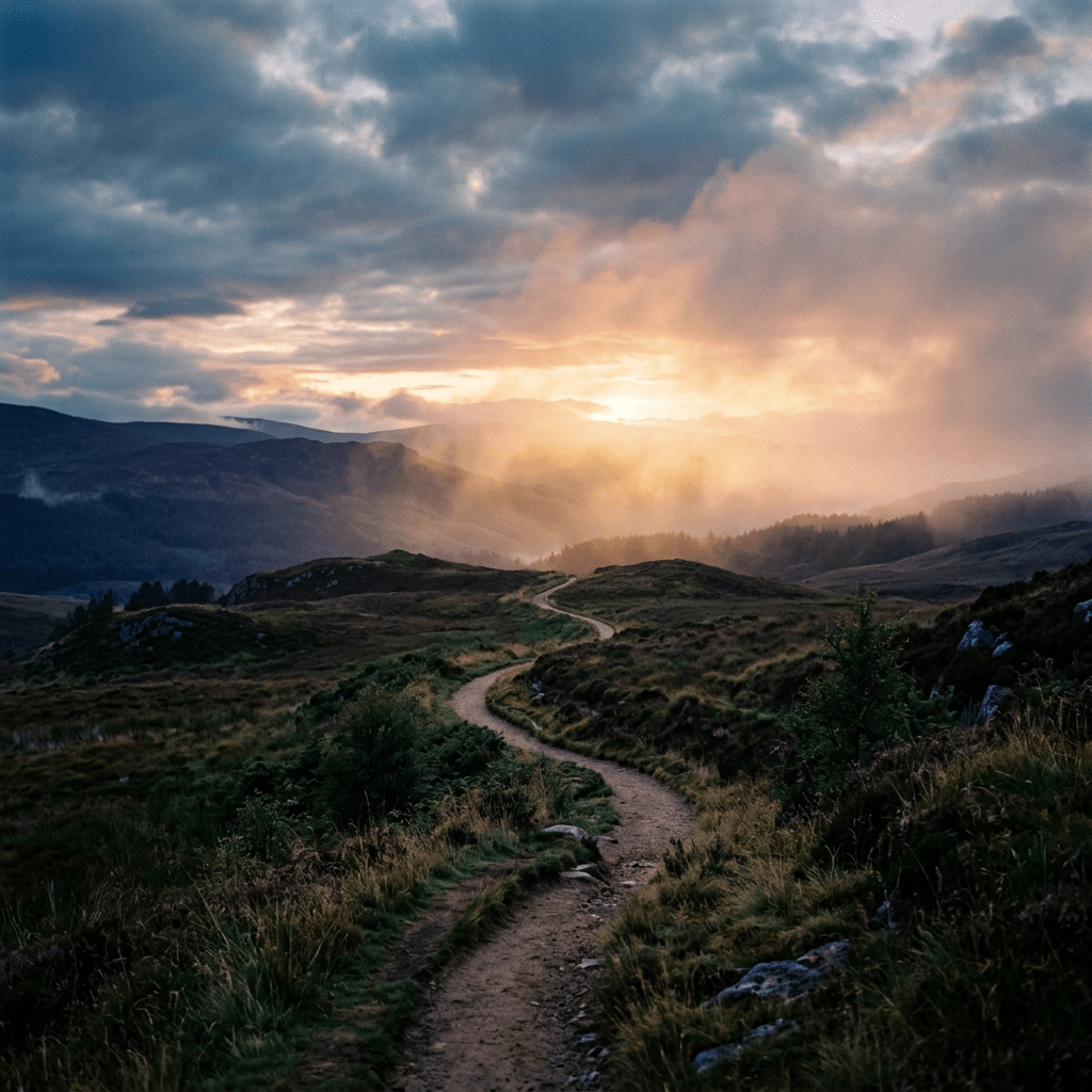 Winding dirt trail through grassy hills at sunset with clouds and mist