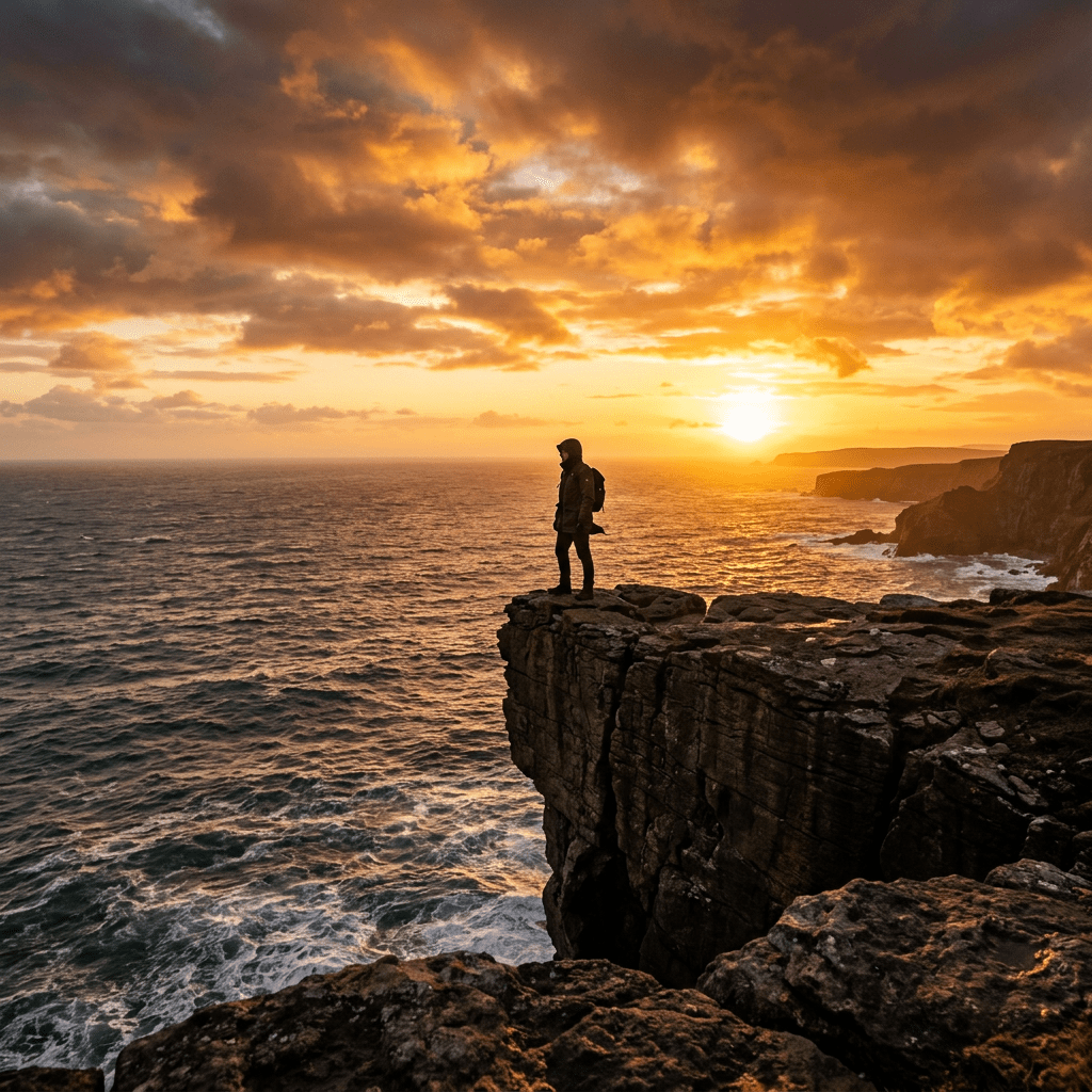 Person standing on rocky cliff edge overlooking ocean at sunset