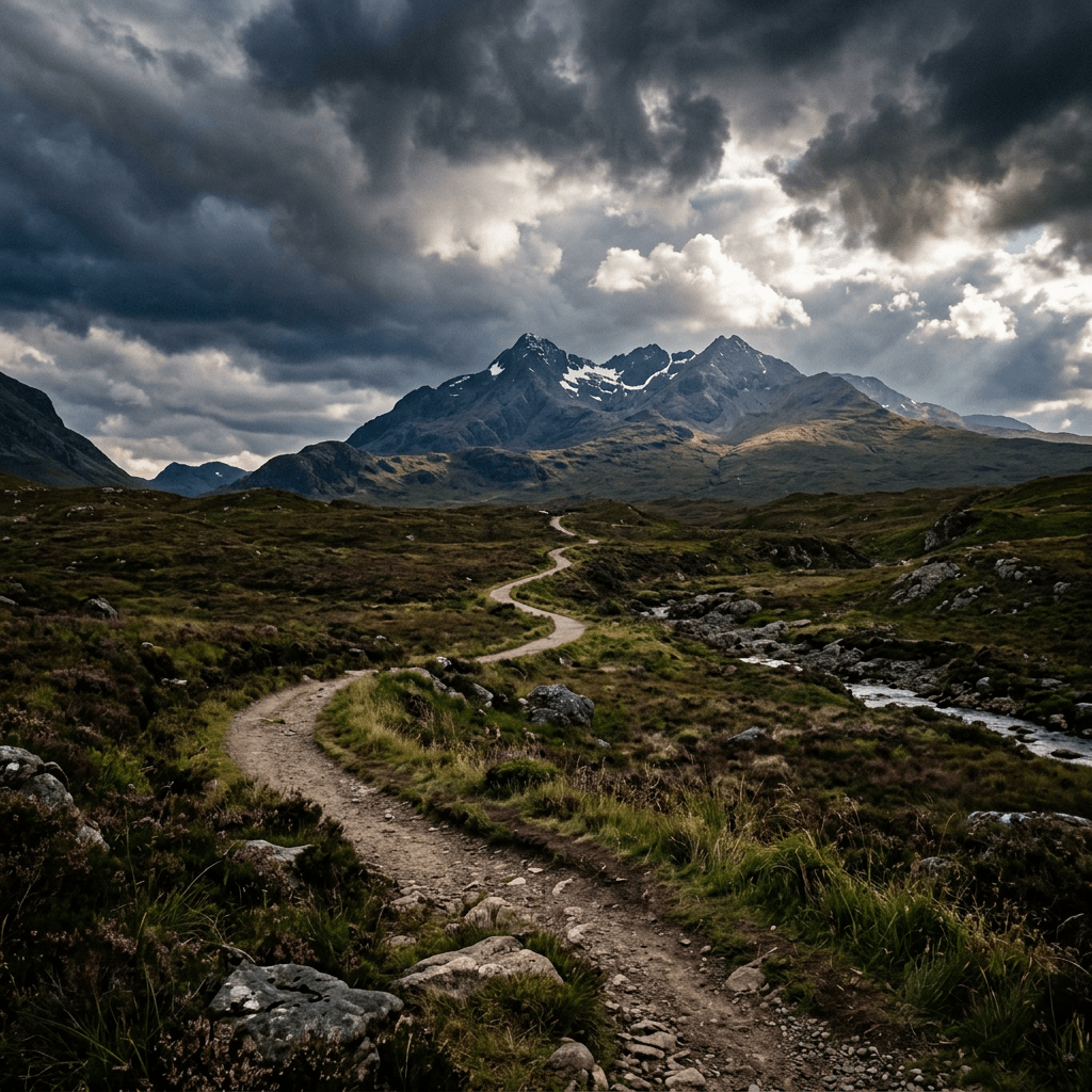 Winding dirt trail through grassy moorland with rocky stream and dramatic dark clouds over mountain peaks