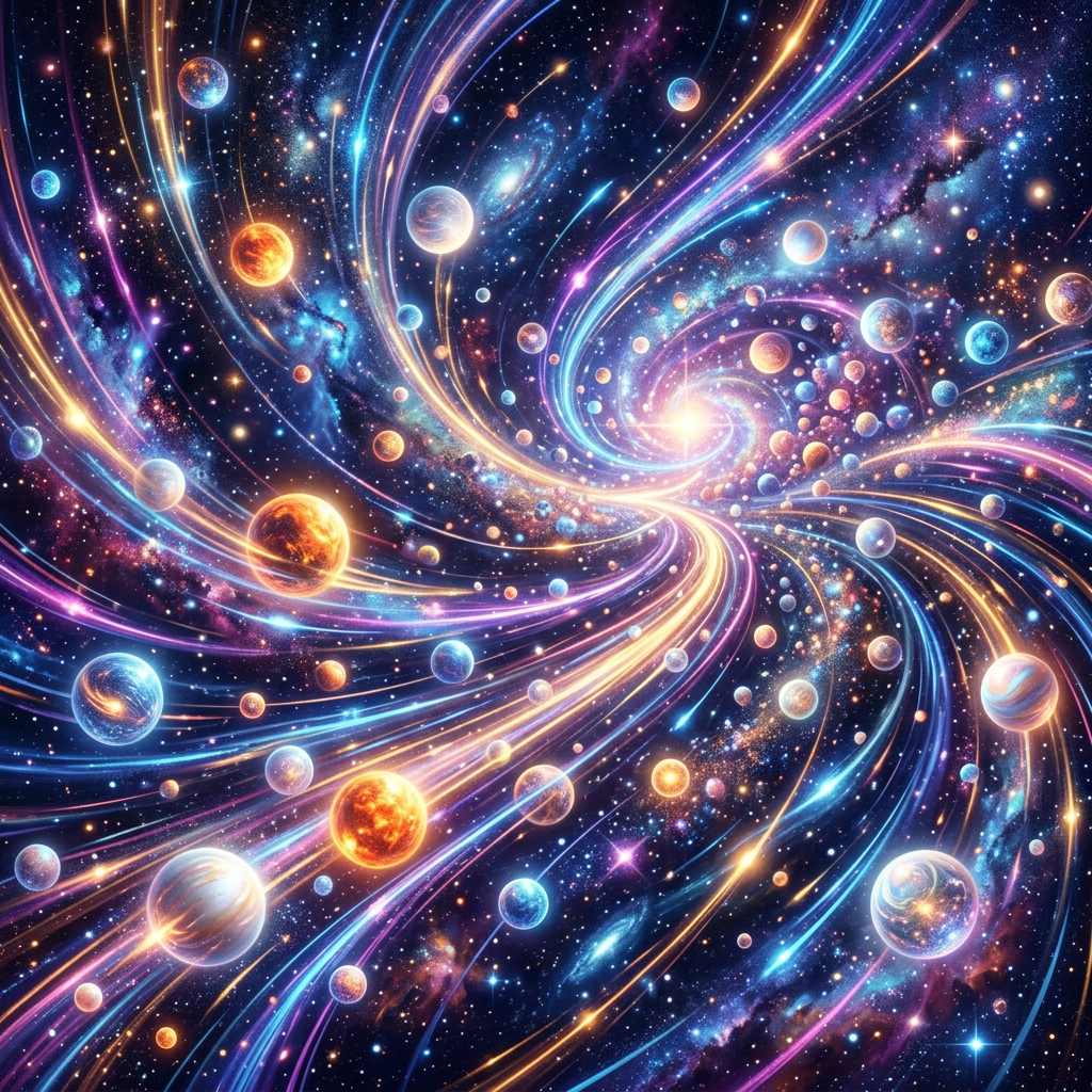 Colorful cosmic spiral with numerous planets and bright streaks of light