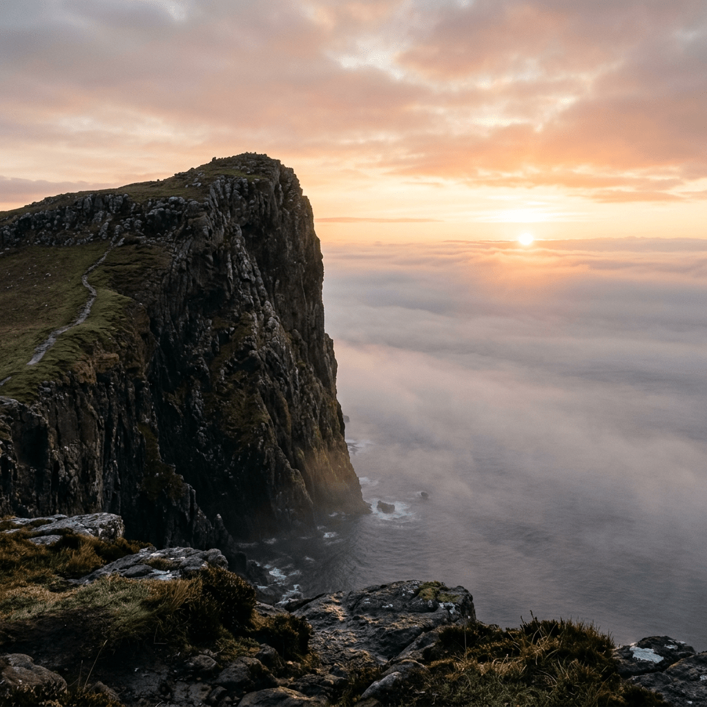 Cliffside overlooking ocean with sunrise and mist