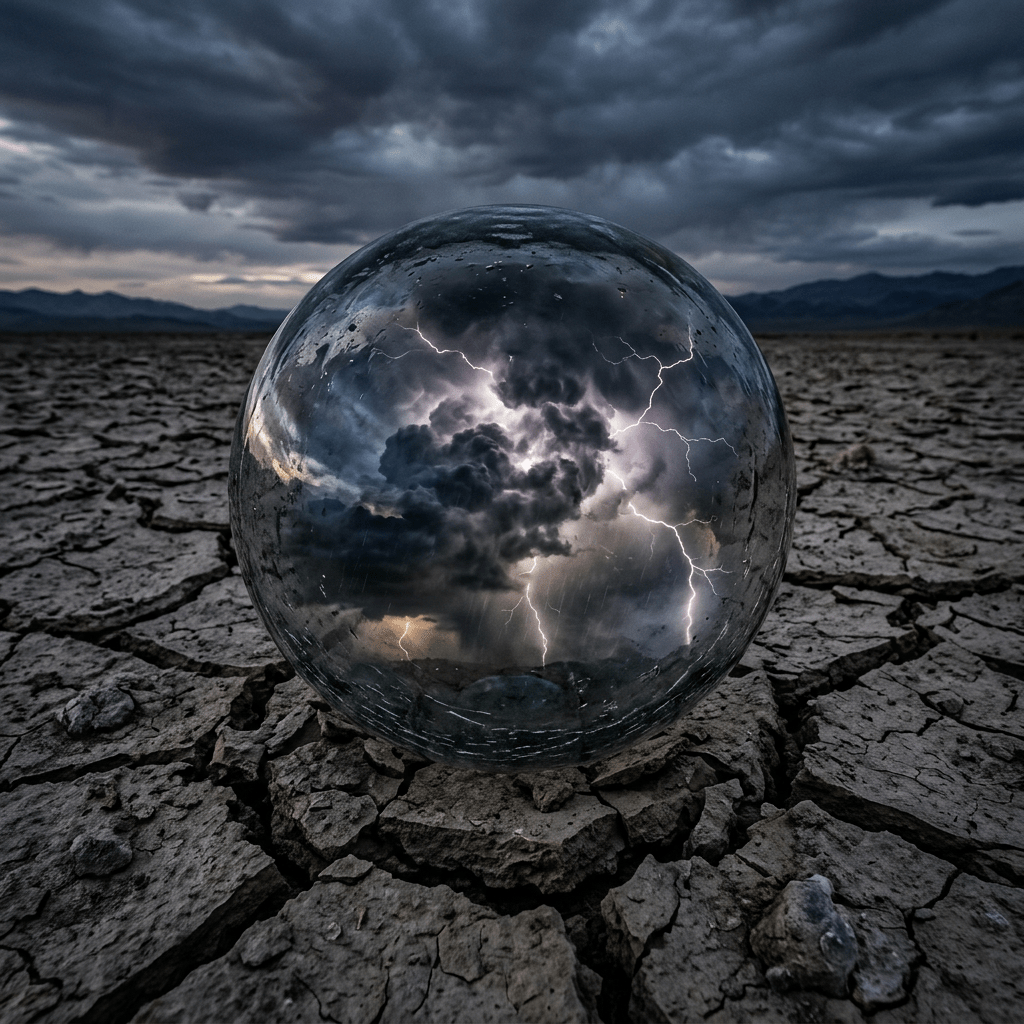 Glass sphere on cracked dry ground reflecting a lightning storm with dark clouds and lightning bolts