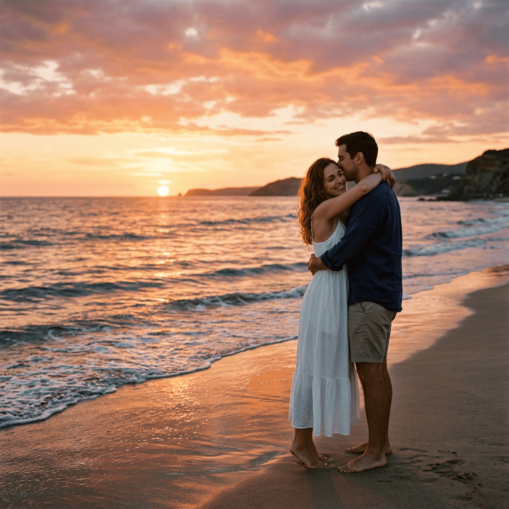 Couple hugging on a beach at sunset with ocean waves and colorful sky