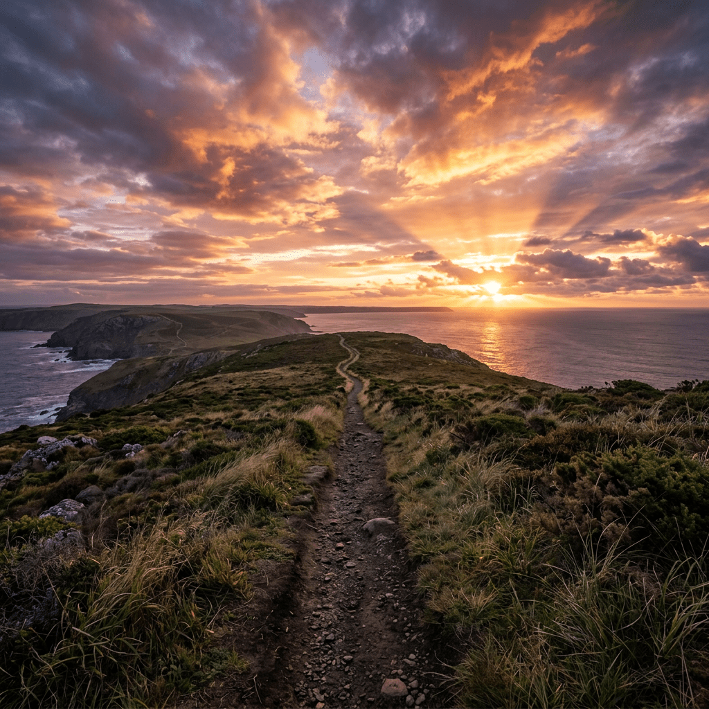 Dirt hiking trail along grassy cliffs with ocean and colorful sunset sky