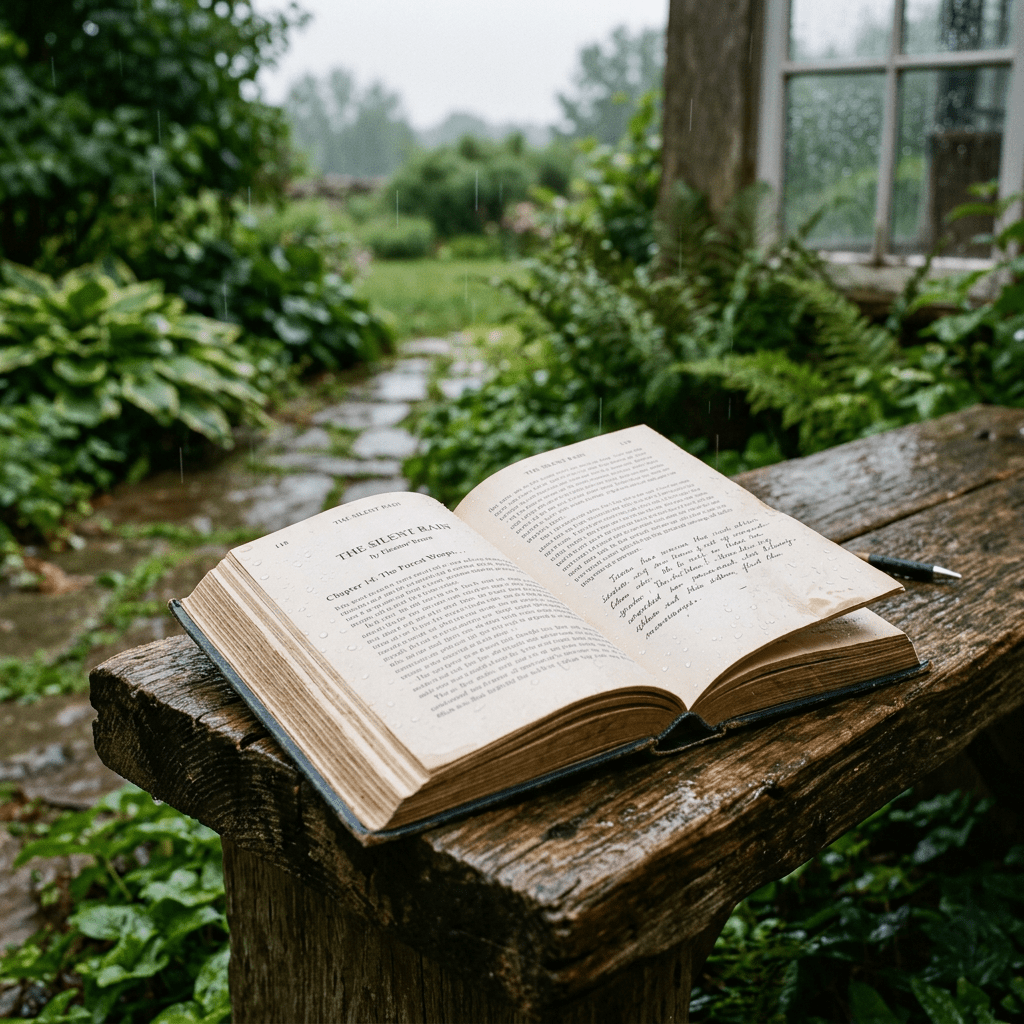 Open book with raindrops on a wooden bench in a garden