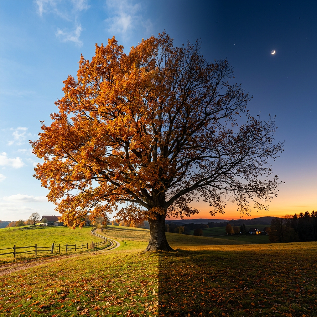 A large oak tree with autumn orange leaves half illuminated by daylight and half in twilight with a crescent moon above