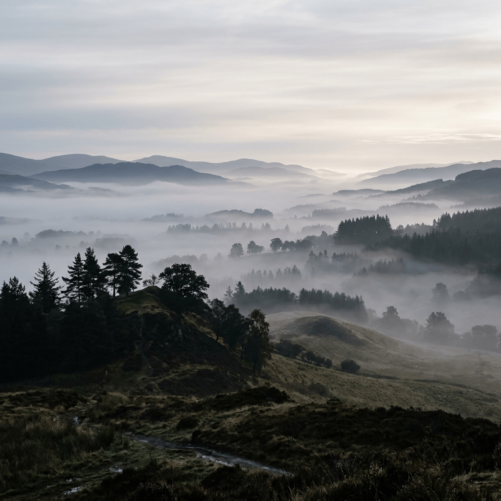 Rolling hills and dense forests enveloped in morning mist under a cloudy sky