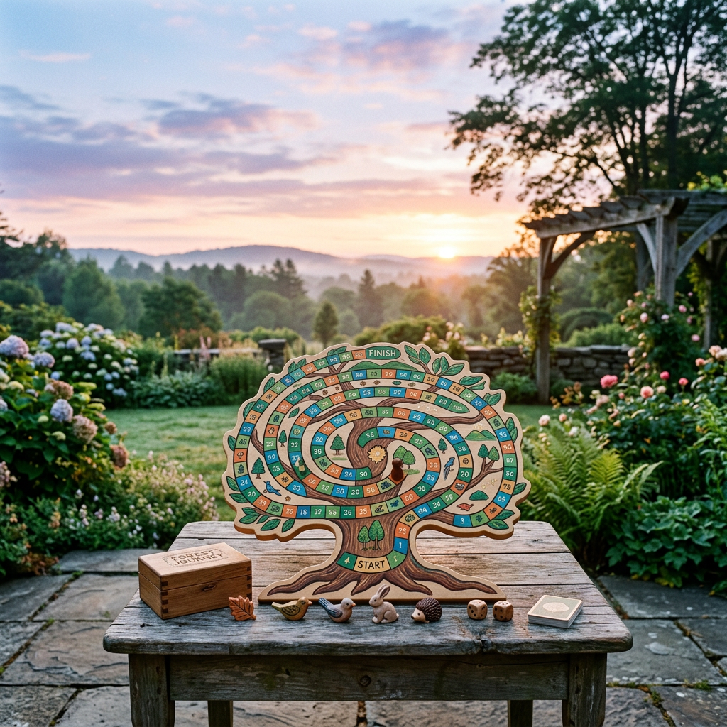 Wooden tree-shaped board game with numbered spiral path, animal figures, dice, and cards on a wooden table outdoors