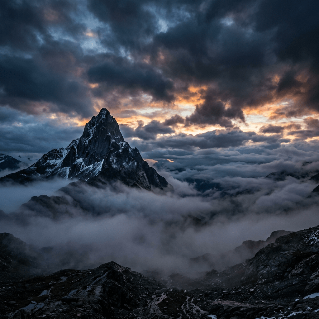 Prominent mountain peak with snow surrounded by mist under a colorful sunrise sky