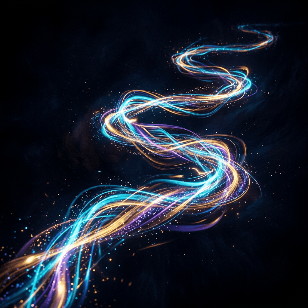 Colorful swirling neon light trails in blue, purple, and gold on black background