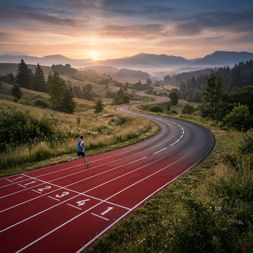 Runner on red athletic track blending into winding rural road with hills and trees