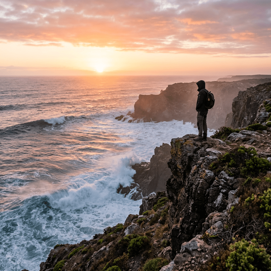Person wearing a hooded jacket with a backpack standing on a rocky cliff edge overlooking waves crashing against the shore during sunset