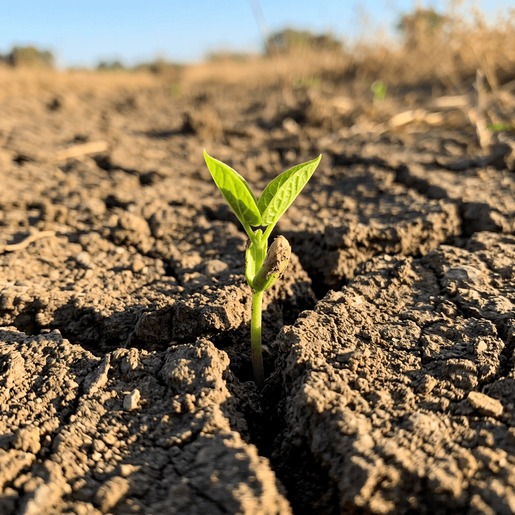 Green seedling sprouting from dry cracked soil