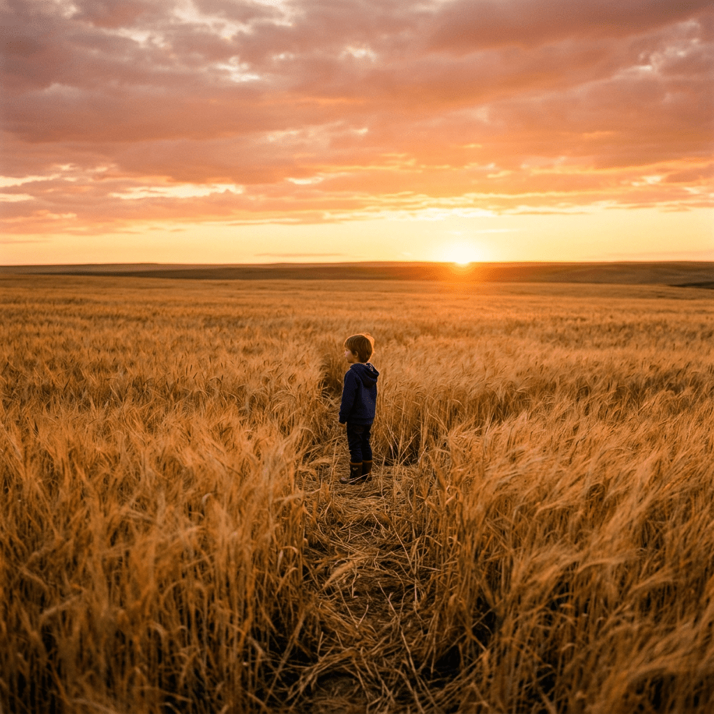 Child standing alone in a golden wheat field at sunset